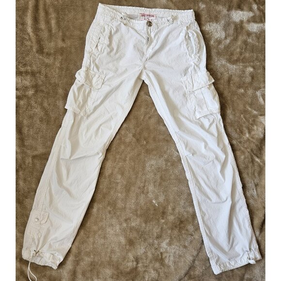 True Religion Womens Military Cargo Pants 26 White Straight Adjustable Waist/Leg - Picture 1 of 16